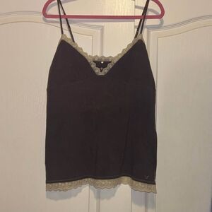 AE American Eagle dark gray cream lace trim shelf bra cami tank top Y2K XL